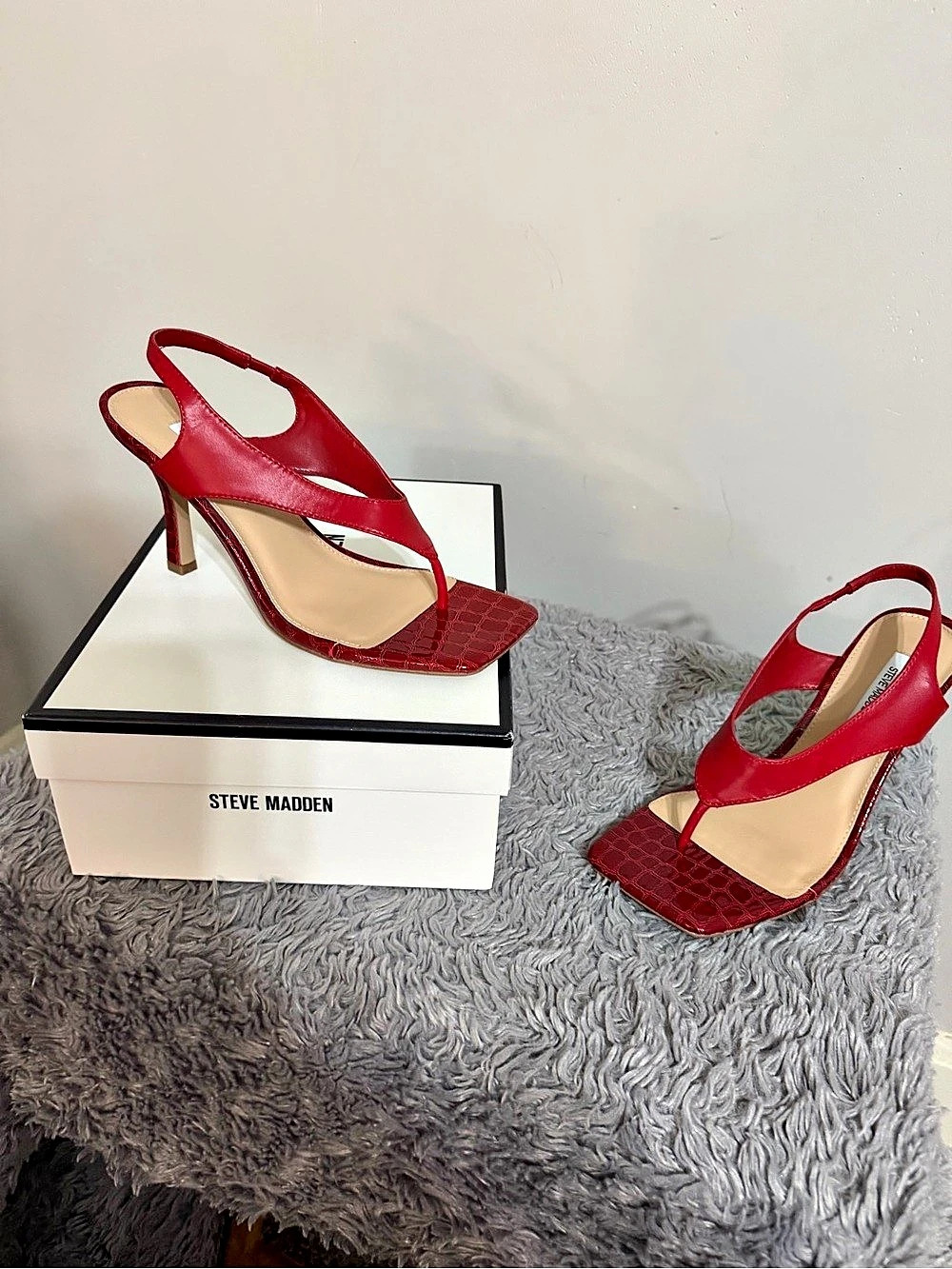 Steve Madden Improv Leather Thong Square Toe Croco Slingback Dress Sandals Heels